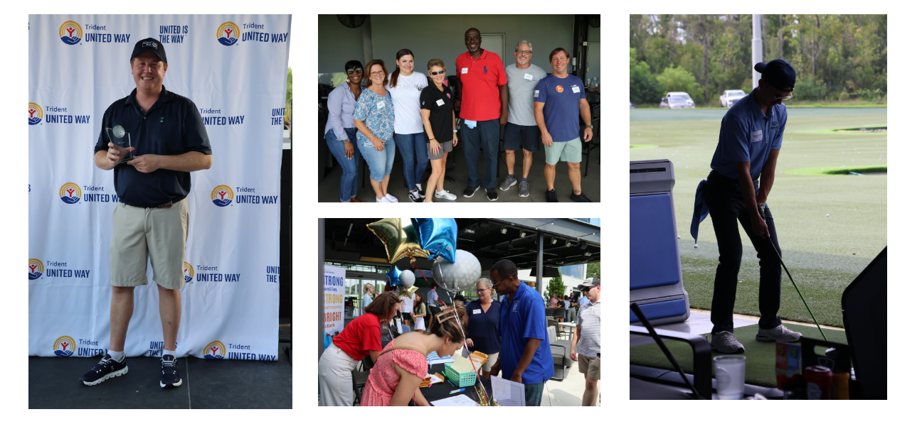 A deck of 4 photos showing participants at the Tee Off for Lasting Change event playing, posing for photos and smiling with trophies.
