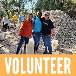 Click here to volunteer - photo of three women posed in front of a large pile of oyster shells 