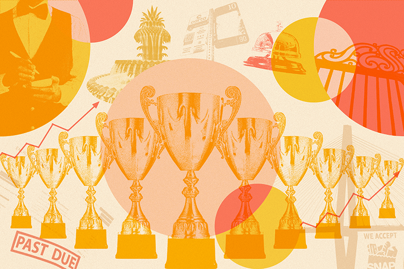 Illustration of a row of gold trophy cups increasing in size toward the center, overlaid on a warm-toned collage of financial and lifestyle imagery. Background elements include a rising line graph, a “past due” stamp, a suited figure, buildings, and abstract circles in orange and yellow, suggesting themes of success, growth, and economic pressure.