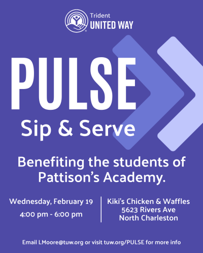 Graphic for PULSE Sip & Serve, benefiting the students of Pattison's Academy. Wednesday, February 19, 4-6pm at Kiki's Chicken and Waffles.