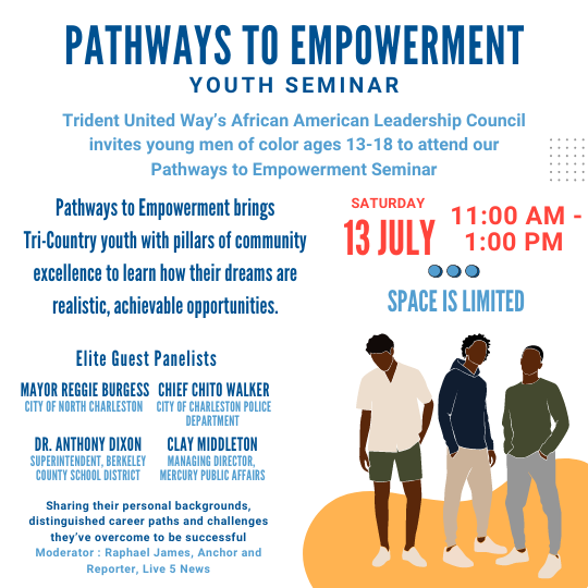 Invitation for the Pathways to Empowerment Youth Seminar, held on Saturday, July 13 from 11:00 AM - 1:00 PM. Pathways to Empowerment brings young men of color agest 13-18 together with pillars of community excellence to learn how their dreams are realistic, achievable opportunities. Panelists are Mayor Reggie Burgess, Chief Chito Walker, Dr. Anthony Dixon and Clay Middleton. Moderator is Raphael James.