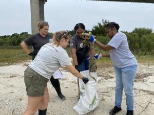 4 volunteers place liter into a bag on the beach