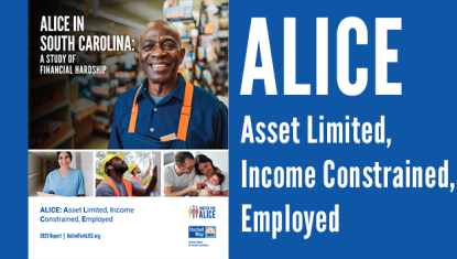 Cover of the ALICE report, reads ALICE in South Carolina: A Study of Financial Hardship, 2023 Report. Also explination of ALICE: Asset Limited, Income Constrained, Employed